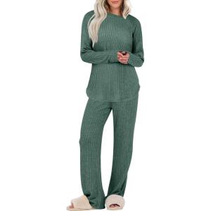 imageANRABESS Womens 2 Piece Lounge Pajama Sets Ribbed Knit Long Sleeve Tunic Tops Matching Pants Casual Fall Sleepwear OutfitsGreen