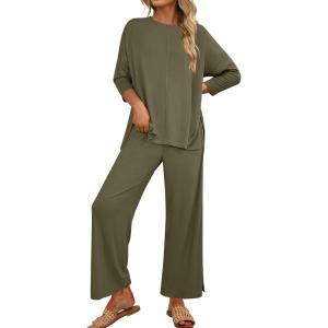 imageANRABESS Womens 2 Piece Outfits 34 Sleeve Loose Tops Wide leg Pants Lounge Pajama Set Casual Travel Loungewear ClothesArmy Green
