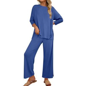 imageANRABESS Womens 2 Piece Outfits 34 Sleeve Loose Tops Wide leg Pants Lounge Pajama Set Casual Travel Loungewear ClothesBlue