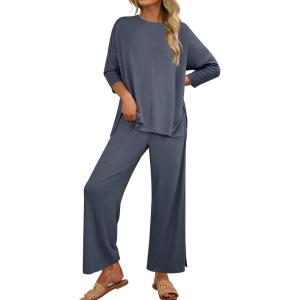 imageANRABESS Womens 2 Piece Outfits 34 Sleeve Loose Tops Wide leg Pants Lounge Pajama Set Casual Travel Loungewear ClothesDark Grey