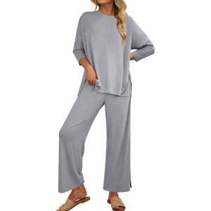 imageANRABESS Womens 2 Piece Outfits 34 Sleeve Loose Tops Wide leg Pants Lounge Pajama Set Casual Travel Loungewear ClothesGrey