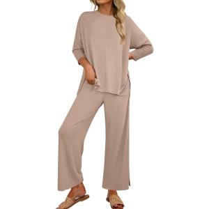 imageANRABESS Womens 2 Piece Outfits 34 Sleeve Loose Tops Wide leg Pants Lounge Pajama Set Casual Travel Loungewear ClothesLight Brown