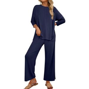 imageANRABESS Womens 2 Piece Outfits 34 Sleeve Loose Tops Wide leg Pants Lounge Pajama Set Casual Travel Loungewear ClothesNavy Blue