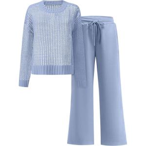 imageANRABESS Womens 2 Piece Outfits Crochet Sheer Knit Sweater Top Wide Leg Pants Lounge Sets Sweatsuit 2025 Fall Travel ClothesBlue