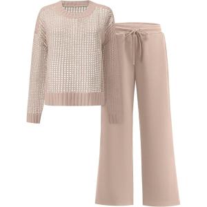 imageANRABESS Womens 2 Piece Outfits Crochet Sheer Knit Sweater Top Wide Leg Pants Lounge Sets Sweatsuit 2025 Fall Travel ClothesLight Brown