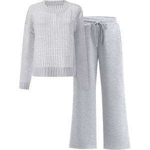 imageANRABESS Womens 2 Piece Outfits Crochet Sheer Knit Sweater Top Wide Leg Pants Lounge Sets Sweatsuit 2025 Fall Travel ClothesLight Grey