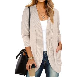 imageANRABESS Womens Cardigan Sweaters Open Front Long Sleeve Shawl Neck Dressy Casual 2025 Trendy Fall Winter Knit Outerwear CoatAlmond