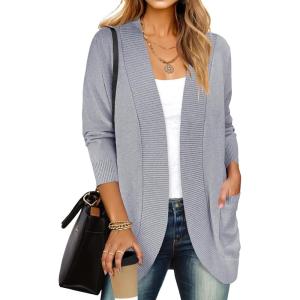 imageANRABESS Womens Cardigan Sweaters Open Front Long Sleeve Shawl Neck Dressy Casual 2025 Trendy Fall Winter Knit Outerwear CoatGrey