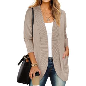 imageANRABESS Womens Cardigan Sweaters Open Front Long Sleeve Shawl Neck Dressy Casual 2025 Trendy Fall Winter Knit Outerwear CoatTan
