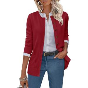 imageANRABESS Womens Cardigans 2025 Fall Dressy Casual Long Sleeve Crewneck Button Down Open Front Soft Knit Cardigan SweatersRed