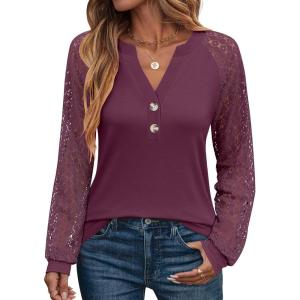 imageANRABESS Womens Lace Long Sleeve Shirts V Neck Henley Tops Dressy Casual Blouses 2025 Fall Fashion Travel OutfitsBurgundy
