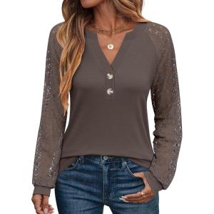 imageANRABESS Womens Lace Long Sleeve Shirts V Neck Henley Tops Dressy Casual Blouses 2025 Fall Fashion Travel OutfitsCoffee Grey