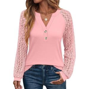 imageANRABESS Womens Lace Long Sleeve Shirts V Neck Henley Tops Dressy Casual Blouses 2025 Fall Fashion Travel OutfitsCoral Pink