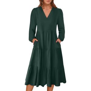 imageANRABESS Womens Long Lantern Sleeve Floral Midi Dresses 2025 Fall V Neck Casual Flowy Aline Tiered Boho Vacation Long DressDark Green