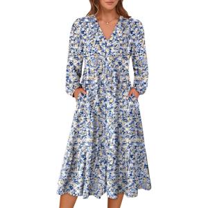 imageANRABESS Womens Long Lantern Sleeve Floral Midi Dresses 2025 Fall V Neck Casual Flowy Aline Tiered Boho Vacation Long DressFloral Blue Yellow