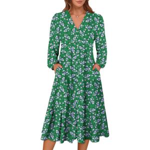 imageANRABESS Womens Long Lantern Sleeve Floral Midi Dresses 2025 Fall V Neck Casual Flowy Aline Tiered Boho Vacation Long DressFloral White Green