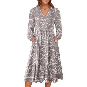imageANRABESS Womens Long Lantern Sleeve Floral Midi Dresses 2025 Fall V Neck Casual Flowy Aline Tiered Boho Vacation Long DressGrey White Spot Print