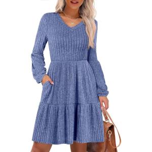 imageANRABESS Womens Long Lantern Sleeve Ribbed Knit Dresses V Neck Casual 2025 Fall Winter Flowy Swing Tunic Sweater Short DressBlue