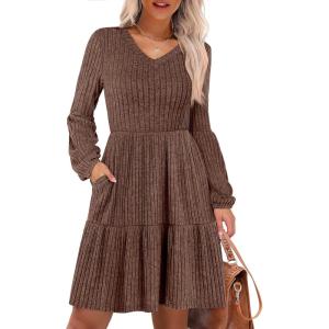imageANRABESS Womens Long Lantern Sleeve Ribbed Knit Dresses V Neck Casual 2025 Fall Winter Flowy Swing Tunic Sweater Short DressBrown