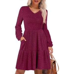 imageANRABESS Womens Long Lantern Sleeve Ribbed Knit Dresses V Neck Casual 2025 Fall Winter Flowy Swing Tunic Sweater Short DressBurgundy