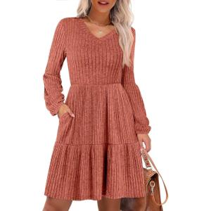 imageANRABESS Womens Long Lantern Sleeve Ribbed Knit Dresses V Neck Casual 2025 Fall Winter Flowy Swing Tunic Sweater Short DressBurnt Orange