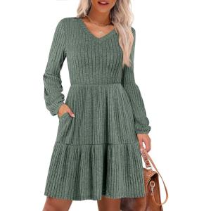 imageANRABESS Womens Long Lantern Sleeve Ribbed Knit Dresses V Neck Casual 2025 Fall Winter Flowy Swing Tunic Sweater Short DressGreen