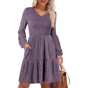 imageANRABESS Womens Long Lantern Sleeve Ribbed Knit Dresses V Neck Casual 2025 Fall Winter Flowy Swing Tunic Sweater Short DressPurple