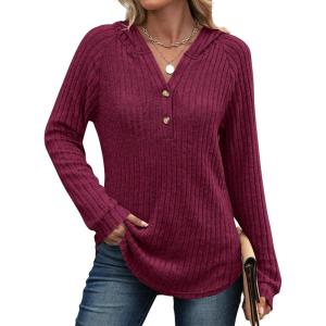 imageANRABESS Womens Long Sleeve Henley Tops Ribbed Knit Hoodie Shirts 2025 Fall Loose Fit Lightweight Hooded SweatersBurgundy