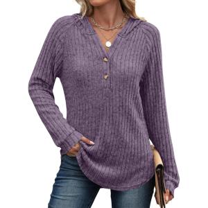 imageANRABESS Womens Long Sleeve Henley Tops Ribbed Knit Hoodie Shirts 2025 Fall Loose Fit Lightweight Hooded SweatersPurple
