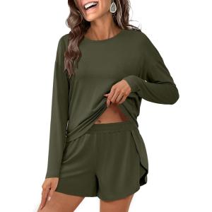 imageANRABESS Womens Long Sleeve Pajama Sets 2025 Fall 2 Piece Outfits Lounge Matching Short Set Striped Pjs Loungewear SleepwearArmy Green