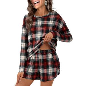 imageANRABESS Womens Long Sleeve Pajama Sets 2025 Fall 2 Piece Outfits Lounge Matching Short Set Striped Pjs Loungewear SleepwearHaute Red