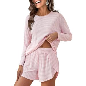 imageANRABESS Womens Long Sleeve Pajama Sets 2025 Fall 2 Piece Outfits Lounge Matching Short Set Striped Pjs Loungewear SleepwearPink White