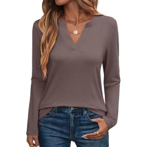 imageANRABESS Womens Long Sleeve Shirts V Neck Business Casual Work Tunic Tops Basic Tees 2025 Fall OutfitsBrown
