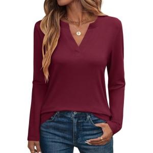 imageANRABESS Womens Long Sleeve Shirts V Neck Business Casual Work Tunic Tops Basic Tees 2025 Fall OutfitsBurgundy