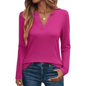 imageANRABESS Womens Long Sleeve Shirts V Neck Business Casual Work Tunic Tops Basic Tees 2025 Fall OutfitsHot Pink