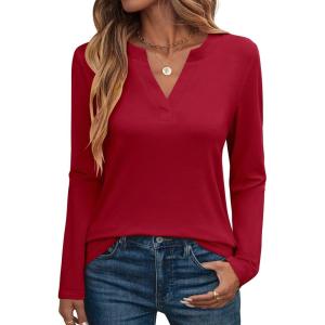 imageANRABESS Womens Long Sleeve Shirts V Neck Business Casual Work Tunic Tops Basic Tees 2025 Fall OutfitsRed