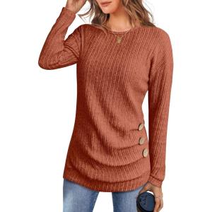 imageANRABESS Womens Long Sleeve Tunic Top 2025 Fall Sweaters Lightweight Ribbed Knit Buttons Shirts Casual Work OutfitsBurnt Orange