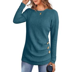imageANRABESS Womens Long Sleeve Tunic Top 2025 Fall Sweaters Lightweight Ribbed Knit Buttons Shirts Casual Work OutfitsTeal