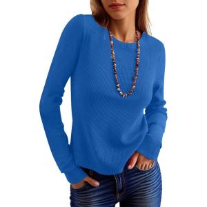 imageANRABESS Womens Long Sleeve Waffle Knit Shirts Casual Slim Fitted Crew Neck Thermal Tops Basic Tee 2025 Fall Trendy OutfitsRoyal Blue