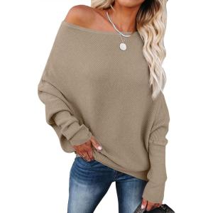imageANRABESS Womens Off Shoulder Sweaters 2025 Fall Long Batwing Sleeve Loose Fit Knit Tops Casual Pullovers JumpersBright Tan