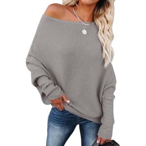 imageANRABESS Womens Off Shoulder Sweaters 2025 Fall Long Batwing Sleeve Loose Fit Knit Tops Casual Pullovers JumpersGray Apricot