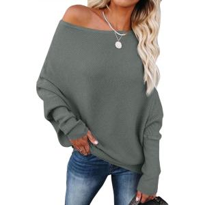 imageANRABESS Womens Off Shoulder Sweaters 2025 Fall Long Batwing Sleeve Loose Fit Knit Tops Casual Pullovers JumpersGrey Green
