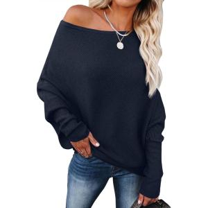imageANRABESS Womens Off Shoulder Sweaters 2025 Fall Long Batwing Sleeve Loose Fit Knit Tops Casual Pullovers JumpersNavy Blue