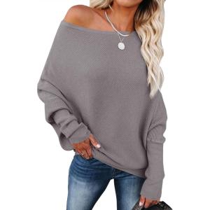imageANRABESS Womens Off Shoulder Sweaters 2025 Fall Long Batwing Sleeve Loose Fit Knit Tops Casual Pullovers JumpersPurple Taupe