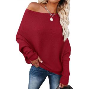 imageANRABESS Womens Off Shoulder Sweaters 2025 Fall Long Batwing Sleeve Loose Fit Knit Tops Casual Pullovers JumpersRed