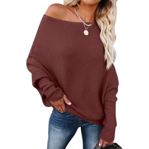 imageANRABESS Womens Off Shoulder Sweaters 2025 Fall Long Batwing Sleeve Loose Fit Knit Tops Casual Pullovers JumpersRust