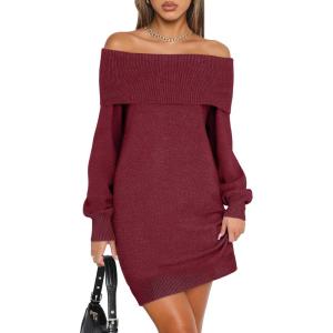 imageANRABESS Womens Off The Shoulder Sweater Dress Casual Loose Knit 2025 Fall Winter Trendy Long Sleeve Pullover Mini DressesBerry Red