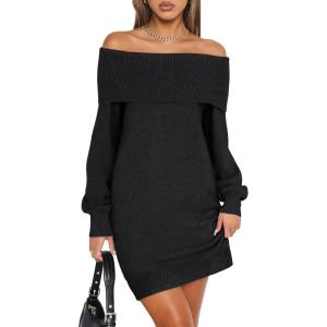 imageANRABESS Womens Off The Shoulder Sweater Dress Casual Loose Knit 2025 Fall Winter Trendy Long Sleeve Pullover Mini DressesBlack
