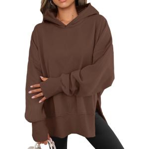 imageANRABESS Womens Oversized Hoodies Long Sleeve Fleece Side Slit Hooded Sweatshirts Pullover 2025 Fall Outfits Y2K ClothesCoffee