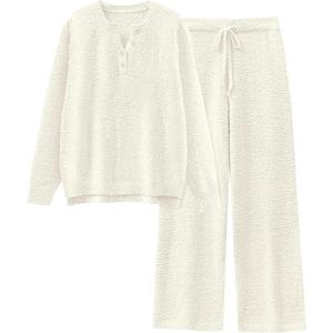 imageANRABESS Womens Pajama Fuzzy Fleece 2 Piece Long Sleeve Top Wide Leg Pants Lounge Matching Pj Sets 2025 Fall Winter OutfitsBeige